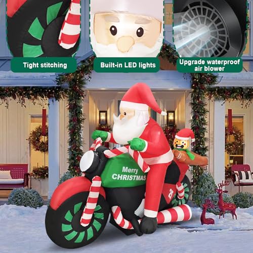 6ft Christmas Inflatable Santa on Motorcycle with Gingerbread Man Lighted Outdoor Decoration