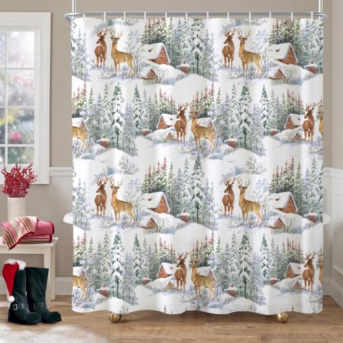 Baccessor Winter Christmas Deer Shower Curtain 72x72 Inches - Holiday Bathroom Decor