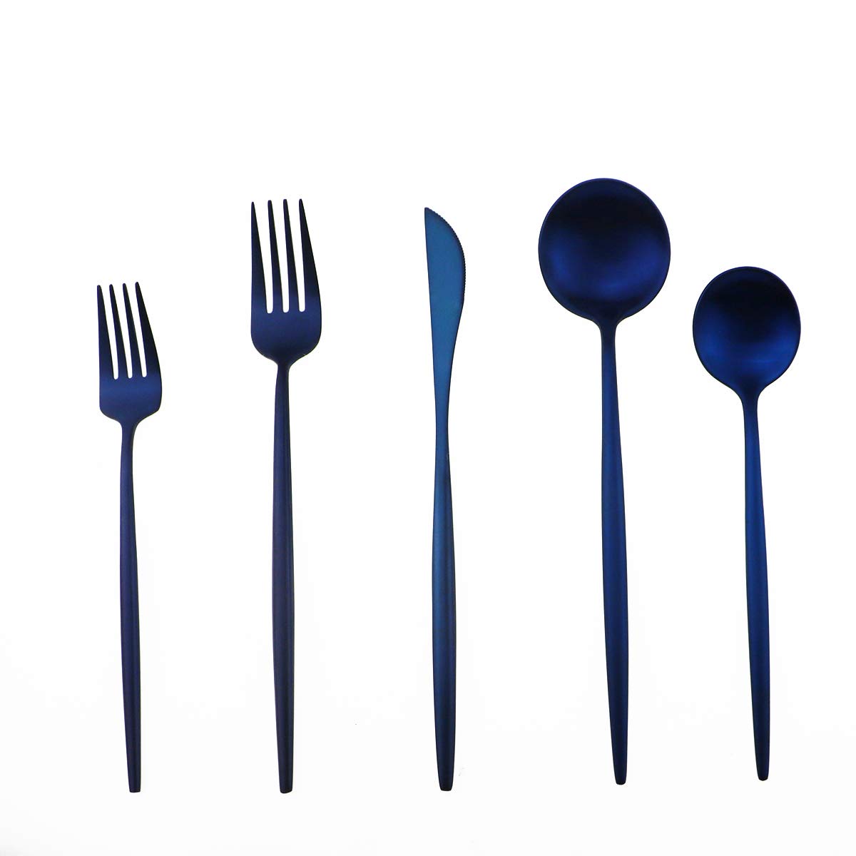 Matte Blue Gugrida 5-Piece 18/10 Stainless Steel Silverware Set, Satin Finish Flatware, Kitchen Utensils, Tableware Travel Cutlery for Camping, Office or School Lunch, Dishwasher Safe