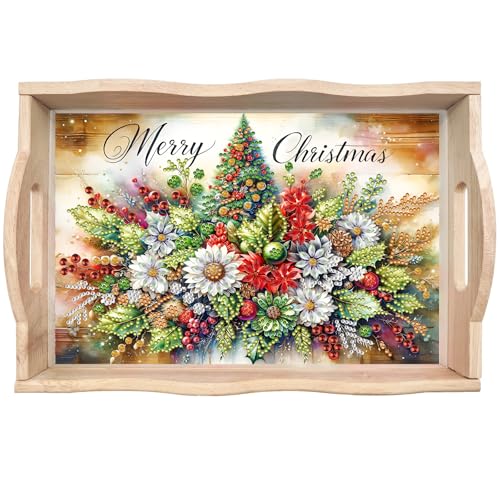 DIY Diamond Serving Tray Christmas Flowers - Handmade Wooden Breakfast Tray with Handles
