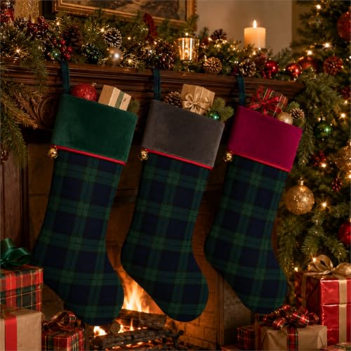 3 Pack Christmas Stockings 20'' Plaid with Velvet Cuffs - Tartan Christmas Stockings