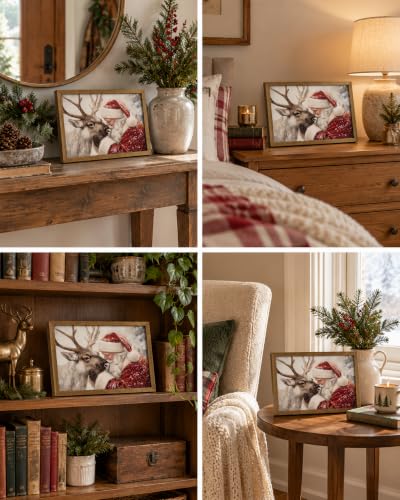 XYHYRA Framed Vintage Christmas Wall Art Santa Reindeer Canvas 16x12