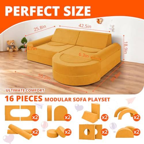 16-Piece Modular Kids Play Couch, Convertible Foam Building Fort Sofa