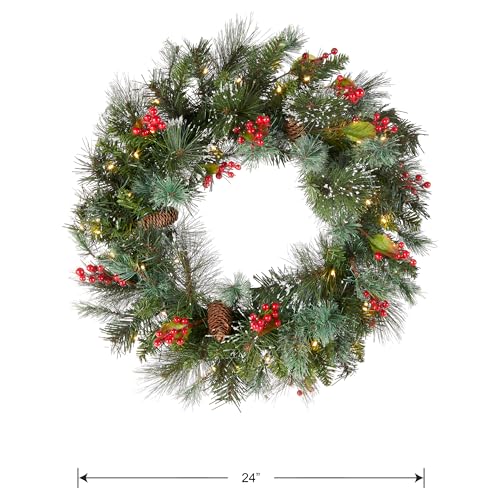 24in Battery-Operated Pre-Lit Wintry Pine Christmas Wreath with Cones & Berries