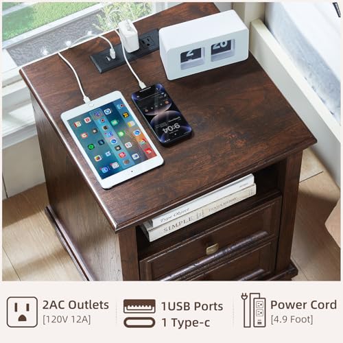 Farmhouse Walnut Nightstand with Charging Station and 2 Drawers