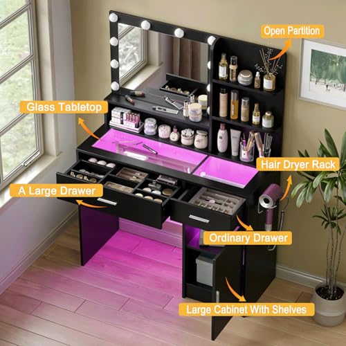 Modern Vanity Desk with Lighted Mirror, RGB Lighting, and Charging Station