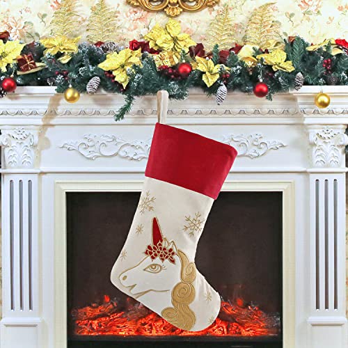 Personalized 18" Linen Christmas Stocking with Embroidered Name - Unicorn