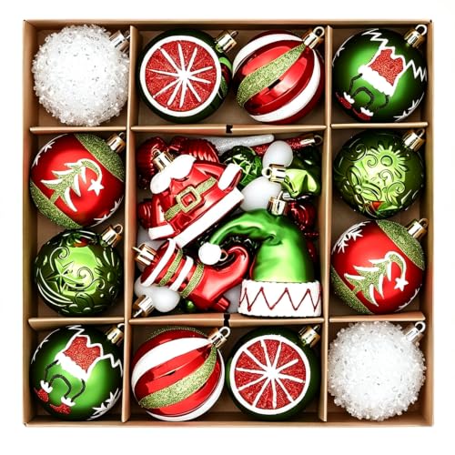 46-Piece Christmas Ornaments Set in Red & Green with Elf Hat, Santa, Stars – Shatterproof Baubles (GAOSOUPAI)