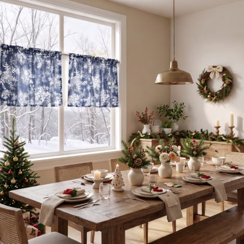 Horaldaily 2 Pack Christmas Sheer Window Valances 52x14in Snow Blue Foil