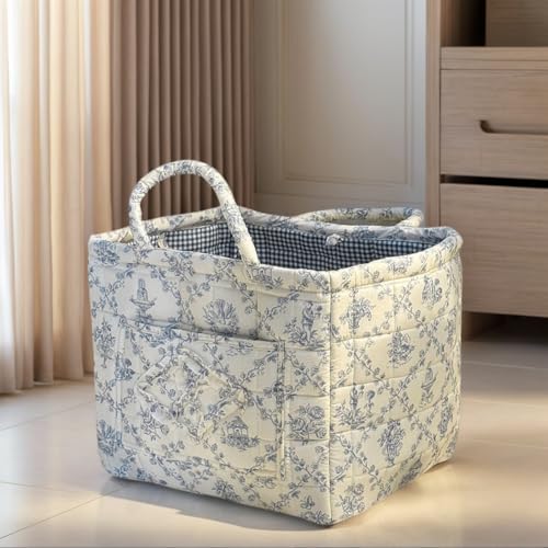Floral Quilted Fabric Storage Basket with Handles, Foldable Laundry Organizer