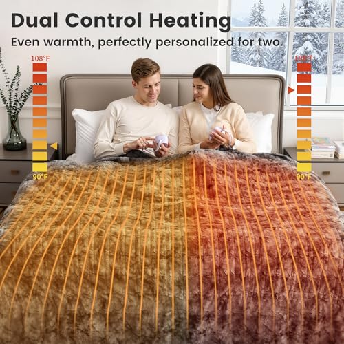 Electric Heated Blanket King Size 100" x 90" Faux Fur Marble Gray Dual Controllers