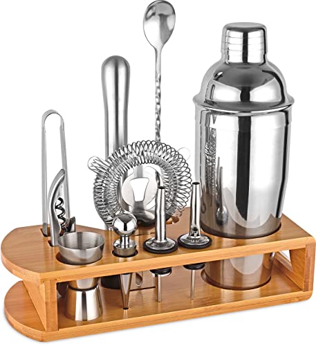 Wukuna Silver Cocktail Shaker Set Bartender Kit with Bamboo Stand, 12-Piece Bar Tools