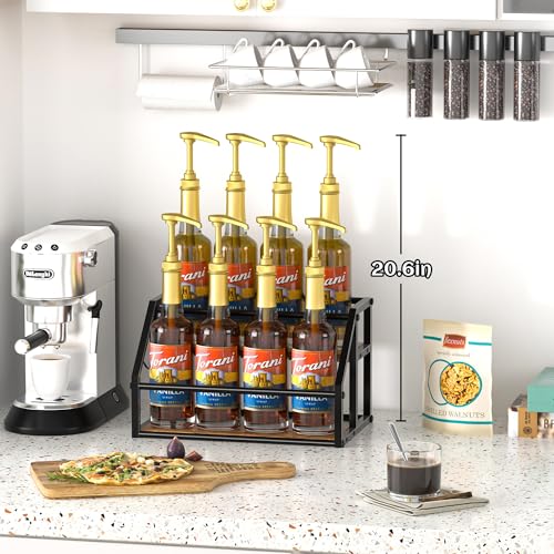 2-Tier Coffee Syrup Rack Organizer for 8 Bottles, Rustic Wood & Metal Stand