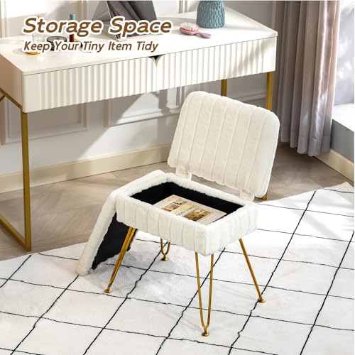 Faux Fur Vanity Chair with Hidden Storage & Folding Backrest - White