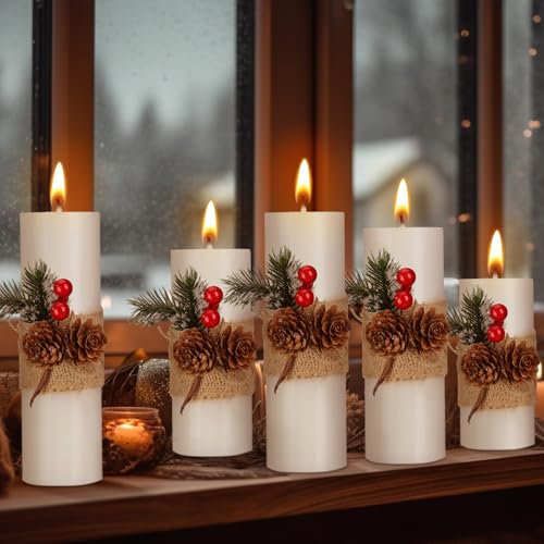 Conelist 5-Pack White Christmas Pillar Candles with Berries - 5 Sizes