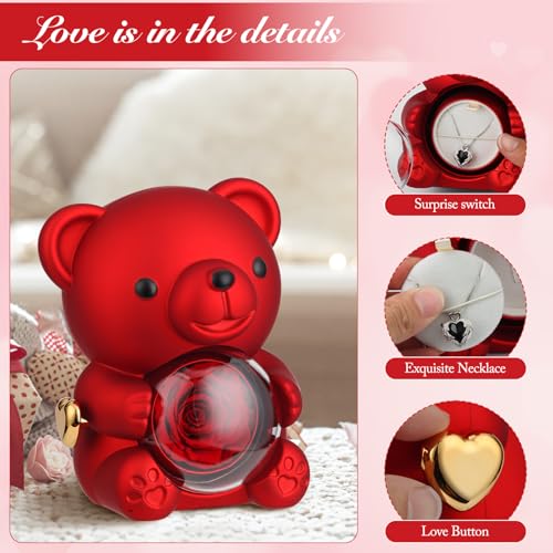 Red Teddy Bear with Real Preserved Rose & Hidden Jewelry Box - Forever Gift for Her
