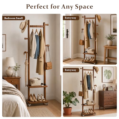 Freestanding Solid Wood Coat Rack with Wheels, 5 Hooks & 2 Storage Shelves