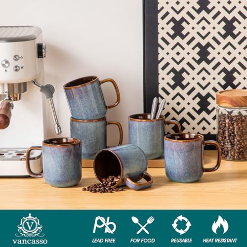 Vancasso Blue 12oz Ceramic Coffee Mugs Set of 6 - Unique Reactive Glaze, Dishwasher & Microwave Safe, Perfect for Hot Beverages