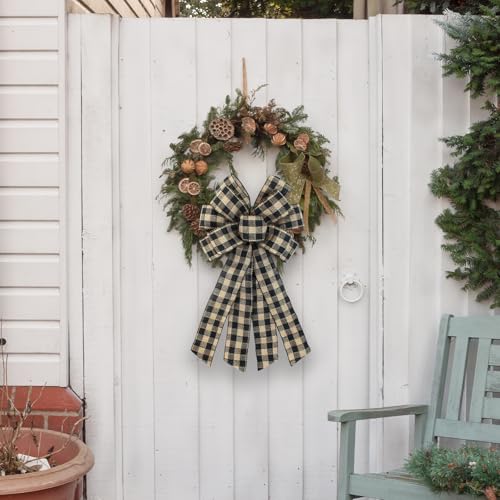 Large Black Buffalo Plaid Wreath Bow - Rustic Farmhouse Decor (11x21 in)
