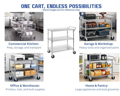 3-Tier Heavy Duty Rolling Utility Cart, NSF-Certified Steel Storage Shelving