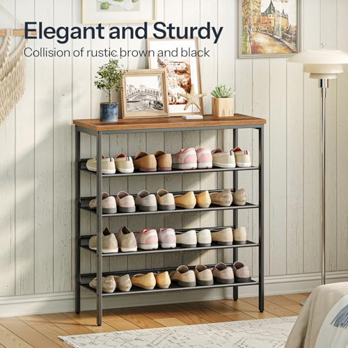 5-Tier Industrial Shoe Rack, Adjustable Metal Mesh Entryway Organizer