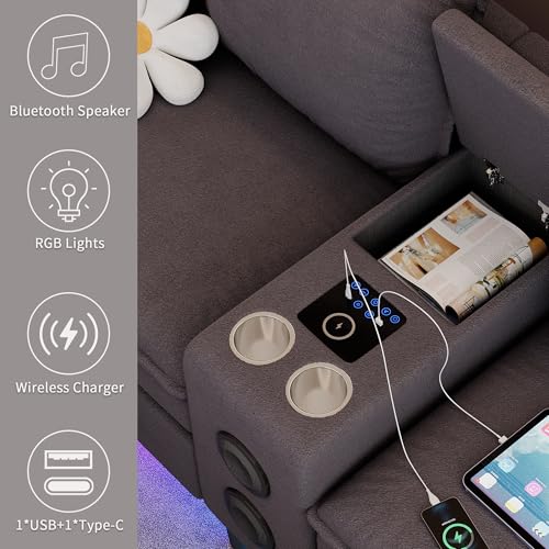 120" Sectional Sofa with Bluetooth Speaker, Wireless Charging & Storage