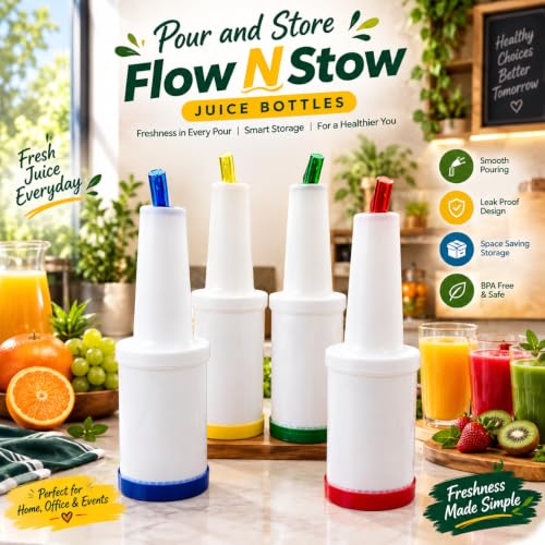 Trendy Bartender 4-Pack 32oz Color-Coded Juice Bottles with Lids for Bar & Home Use