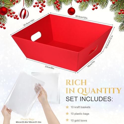 Red Gift Basket Set 10 Pack - Thick Kraft, Includes Bows & Bags