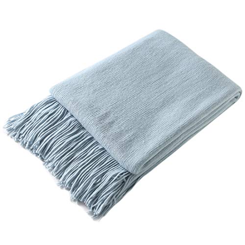 Pale Blue Knitted Throw Blanket with Fringe, 50x60 Inch Soft Acrylic