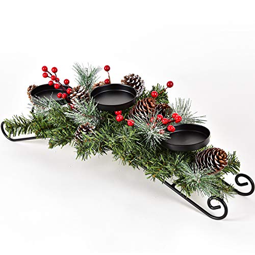 Christmas Candle Holder Centerpiece with Pine Cones & Red Berries, 20"