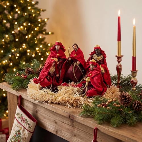 Oeihuivt Handmade Resin Nativity Scene Holy Family Christmas Decor - Red-6