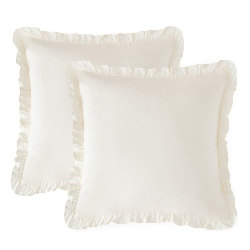 PHF 100% Washed Cotton Euro Shams with Ruffle, 2 Pack 26" x 26" Cotton Euro Sham Pillow Covers, No Insert, Ultra Soft Decorative Farmhouse Bedding for Bed Sofa, Cannoli Cream