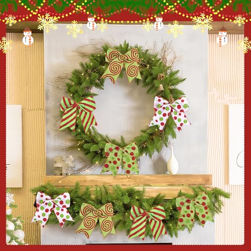 16 Pcs Red Green Christmas Bow Decorations, Glitter Polka Xmas Wreath Bows - Style B