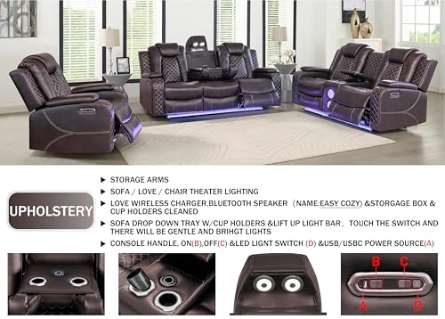 3-Piece Power Reclining Sofa Set with LED Lighting, Bluetooth & USB Charging