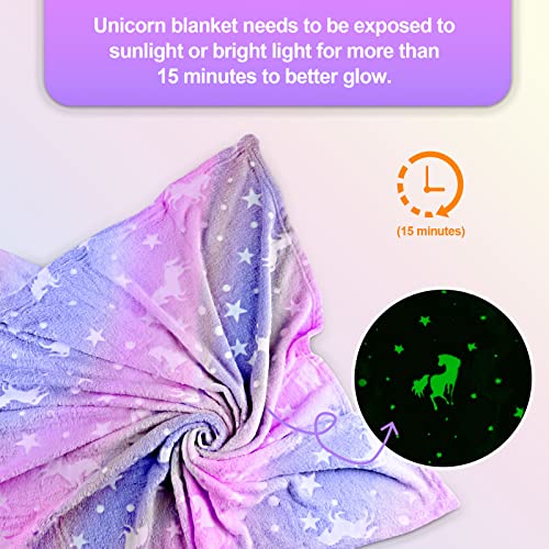 Unicorn Glow in the Dark Blanket for Girls - Soft Plush Fleece Throw 40"x60"