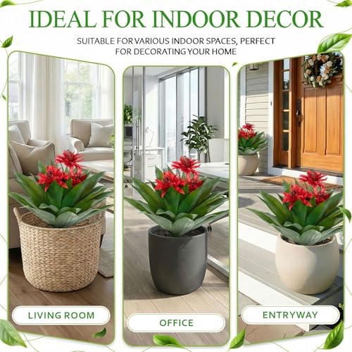 Artificial Agave Topiary Trees with Red Flowers, 27-Inch Outdoor Set of 2