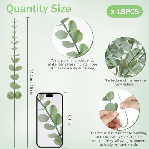 18pcs Artificial Eucalyptus Stems, 14.5-Inch Lifelike Greenery Branches