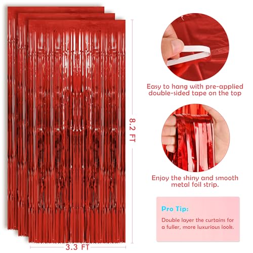 OHOME Red Valentine Backdrop Fringe Curtains, 2 Pack 3.2ft x 6.56ft for Wall/Door
