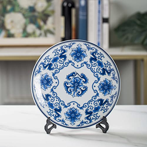 Blue and White Porcelain Decorative Plate, 10-Inch Floral Ceramic Ornament