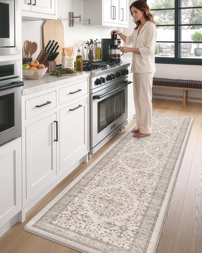 DEXI Beige 87" x 24" Anti-Fatigue Kitchen Floor Mat with Memory Foam, Water-Resistant Cushion Runner Rug