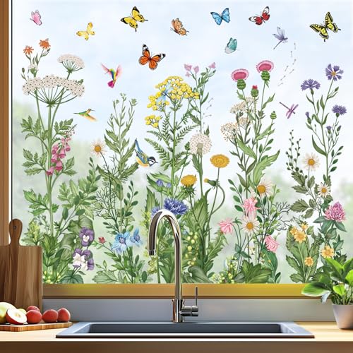 Wild Flowers Window Clings - Double-Sided PVC Decals, 9 Sheets
