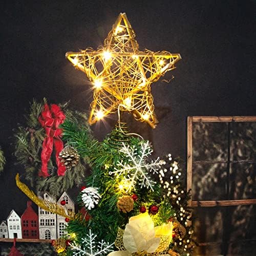 Natural Rattan Christmas Tree Topper Star with 10 Warm LED Lights, 10 Inch