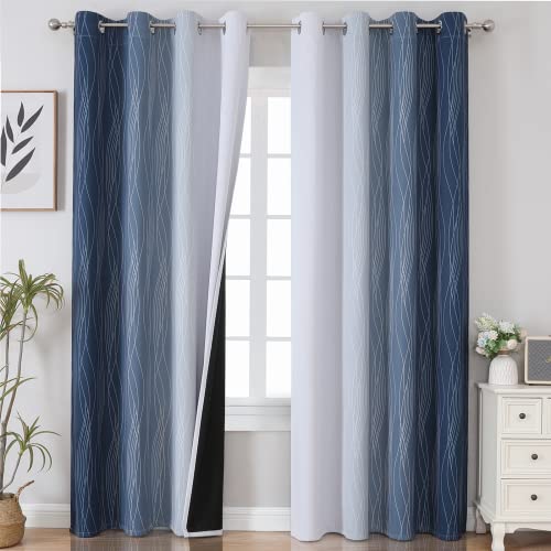 Navy Blue Ombre 100% Blackout Curtains, Thermal Grommet Drapes (52" x 84", 2 Panels)