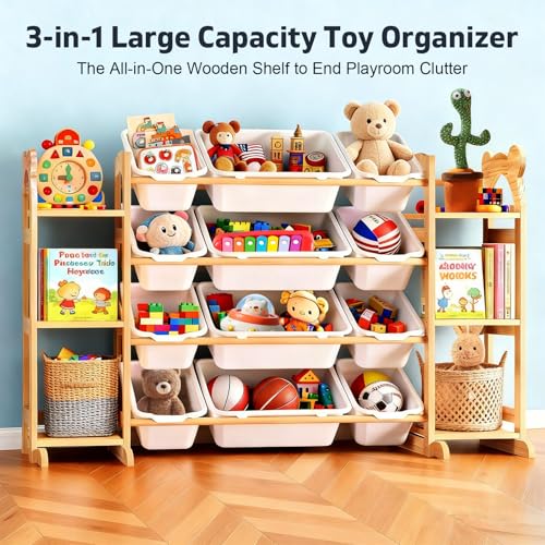 Wooden Toy Storage Organizer with 6 Shelves and 12 Bins for Playroom