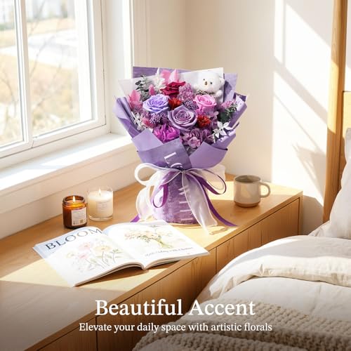 Preserved Purple Rose Bouquet with Bear in Gift Box - Eternal Floral Gift