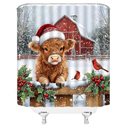 PZMPZM Highland Cow Christmas Shower Curtain 70x70 Inch Rustic Farmhouse Holiday