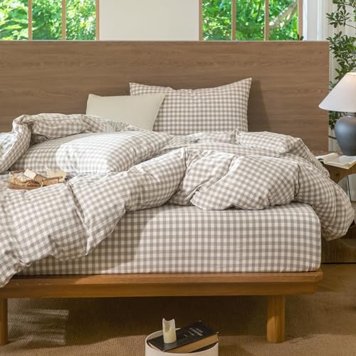 100% Washed Cotton Gingham Duvet Cover Set - Soft Linen-Like Bedding