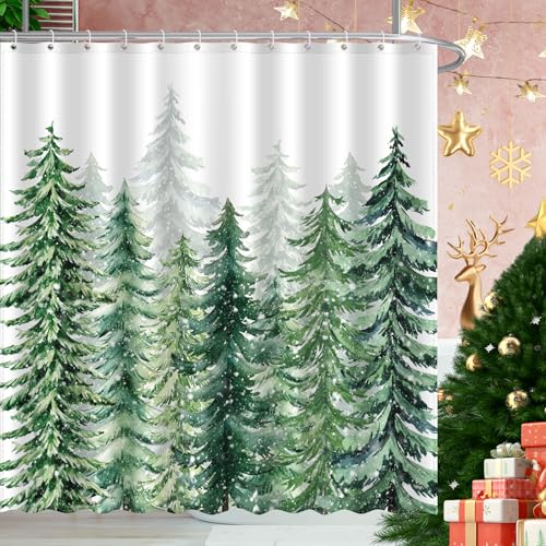 JWXCBIM Christmas Snowy Forest Shower Curtain 72x72 Inch with Hooks - Winter Xmas Pine Tree Holiday Bathroom Decor (Pack of 1)
