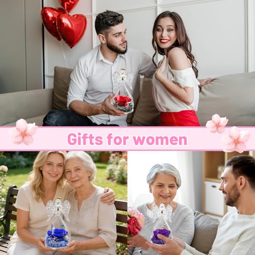 Preserved Real Rose in Glass Angel Figurine - Forever Flower Gift for Her