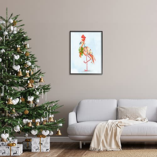 Midnight Black Festive Flamingo Christmas Wreath Wall Art - 24x30 Framed Giclee